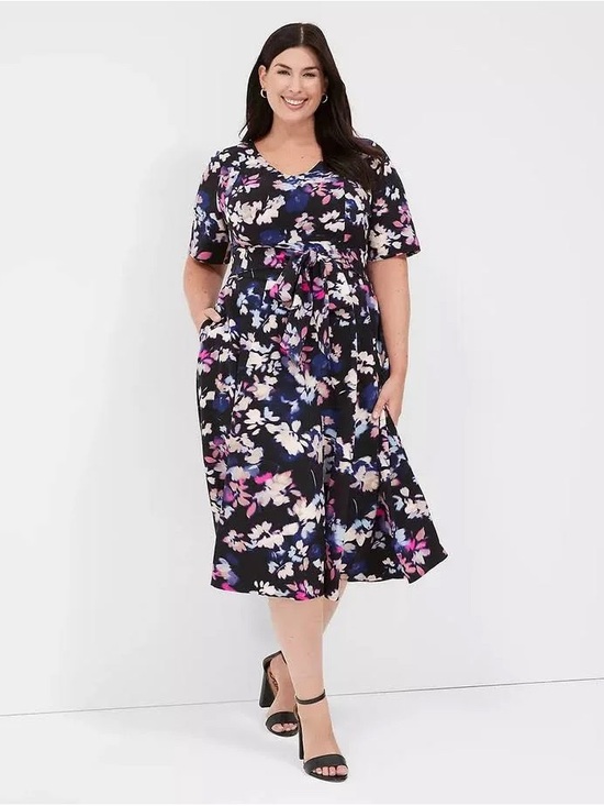 Lane Bryant Dresses & Skirts - Lane Bryant Black Floral Midi Dress with Pink & Purple Accents